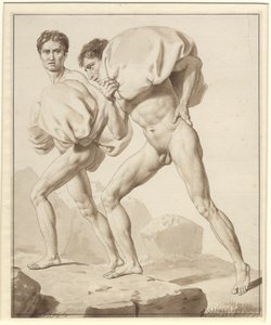 Moses deler vannet og Faraos hær er oppslukt - Studie for to israelitter på vandring, lastet med bagasje av Christoffer Wilhelm Eckersberg