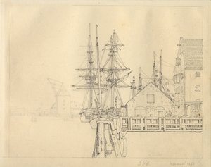 Lott fra et av verftene på Christianshavn, Matekran i bakgrunnen. av Christoffer Wilhelm Eckersberg