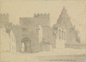 Prospekt av Porta S.Paolo og Piramide di Caio Cestio sett fra bysiden, Roma. av Christoffer Wilhelm Eckersberg
