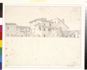 Romerske hus, sett over en vegg. av Christoffer Wilhelm Eckersberg