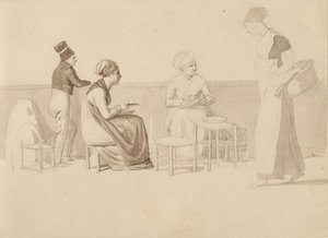 Scene fra en gård eller brygge i Paris. Fire sittende, stående og gående figurer. av Christoffer Wilhelm Eckersberg