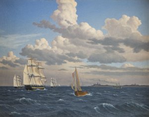 Skip i Sundet nord for Kronborg slott, Helsingør av Christoffer Wilhelm Eckersberg