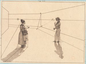 To figurer i en geometrisk konstruksjon. Illustrasjon for "Lineært perspektiv", Plate IV av Christoffer Wilhelm Eckersberg