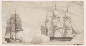 To krigsskip i kamp (den engelske fregatten Shannon og den amerikanske fregatten Chesapeak?) av Christoffer Wilhelm Eckersberg