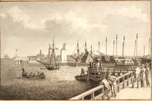 Utsikt fra Langelinie mot Nyholm, t.h. leien av flåten av Christoffer Wilhelm Eckersberg