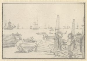 Utsikt fra stranden sør for Helsingør mot vaktskipet, briggen «Falster». av Christoffer Wilhelm Eckersberg