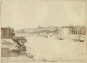 Utsikt over Tiberen mot Porto di Ripa Grande og Porta Portese sett fra bredden under Monte Aventino, Roma. av Christoffer Wilhelm Eckersberg