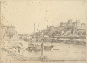 Utsikt over Tiberen ved Porto di Ripa Grande utenfor Porta Portese mot Marmorata og kirkene i Monte Aventino, Roma av Christoffer Wilhelm Eckersberg