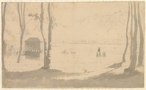 Utsikt over en innsjø, til venstre et badehus, i sentrum ryttere som vanner hester, forgrunnen er skogkledd av Christoffer Wilhelm Eckersberg