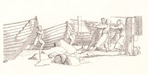 Utsikt over en fiskevær. Båter trukket i land av Christoffer Wilhelm Eckersberg