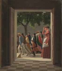 Se gjennom en dør til løpende figurer av Christoffer Wilhelm Eckersberg