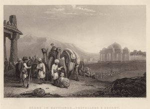 Scene i Kattiawar, reisende og eskorte (gravering)