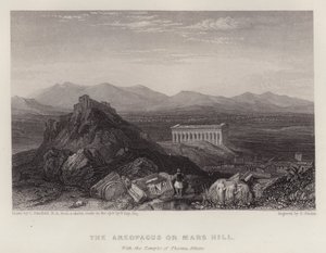 Areopagos eller Mars Hill, med Theseus-tempelet Athen (farge litho)