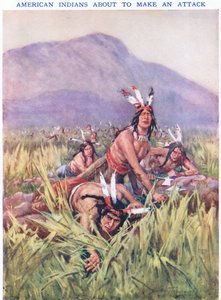 Amerikanske indianere i ferd med å angripe (farge litho) av C. Dudley Tennant