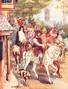 Chaucer som rir til Canterbury med pilegrimene (farge litho) av C. Dudley Tennant