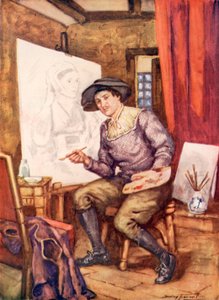 Hans Holbein på jobb i studioet sitt (farge litho)