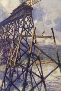 Setter stålet til Battle River Viaduct av Grand Trunk Pacific Railway, Canada (farge litho) av C. Dudley Tennant