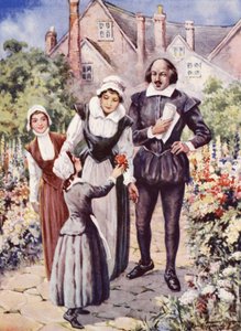 William Shakespeare, med sin kone og to døtre, i hagen på New Place, Stratford-upon-Avon (farge litho)