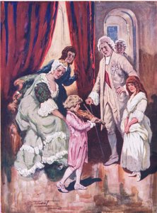 Vinne hjertene til sitt kongelige publikum: Mozarts første opptreden i det østerrikske hoffet (farge litho) av C. Dudley Tennant