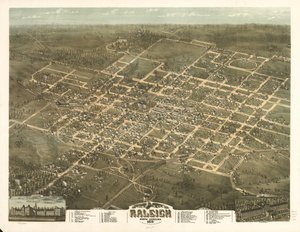 Fugleperspektiv av byen Raleigh, North Carolina 1872. av C. N. Drie
