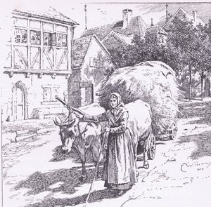 Vogner trukket av okser buldret gjennom de stille gatene, fra The Child of the Air pub. av Duckworth av C. Wilhelm