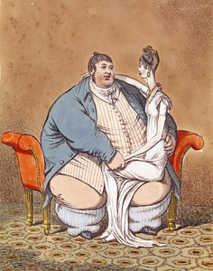 Fat and Lean - Daniel Lambert kontrasterte med en tynn kvinne som satt på kneet hans, 1806 av C. Williams