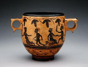 Skyphos med parodiscener, ca. 430-410 f.Kr. (keramikk) (se også 307555) av Cabirian