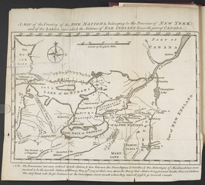 Et kart over landet til de fem nasjonene, som tilhører provinsen New York; og av innsjøene som Nations of Far Indians bor i nærheten av, med en del av Canada av Cadwallader Colden