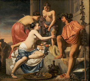 Bacchus på en trone - Nymfer som tilbyr Bacchus-vin og frukt