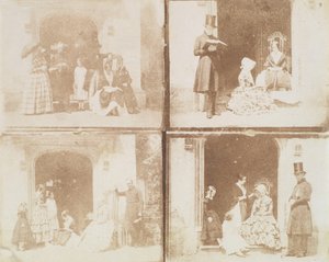 Kontaktark med fire gruppeportretter i en døråpning, ca. 1850.