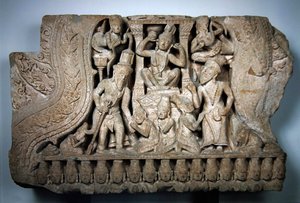 Pediment som viser Parvati og Shiva, Bayon-stil, fra Preah Pithu, Angkor, tidlig på 1200-tallet (sandstein)