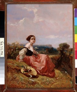 Ung jente i hatten foran Sainte Mountain Victoire-maleriet av Camille Roqueplan (1803-1855) Dim. 18x23 cm Obligatorisk omtale: Samlingsstiftelsen hilsen Provence, Marseille