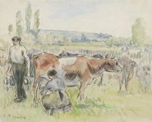 Komposisjonsstudie av en melkescene ved Eragny-sur-Epte, 1884 (akvarell over svart kritt) av Camille Jacob Pissarro