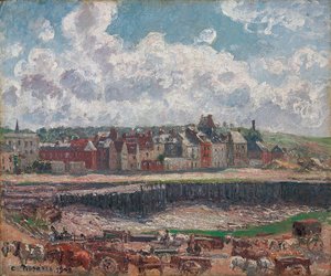 Hester og kjerrer foran Fiskehavnen, Dieppe, ved lavvann; Hester og kjerrer foran fiskebrygga, Dieppe, lavvann, 1902 av Camille Jacob Pissarro