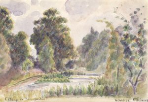 Pond at Kew Gardens, 1892 (wc over grafittblyant på lagt papir) av Camille Jacob Pissarro