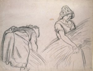 Study of Two Female Harvesters, 1882 (svart kritt på rosa papir med hvitt) av Camille Jacob Pissarro