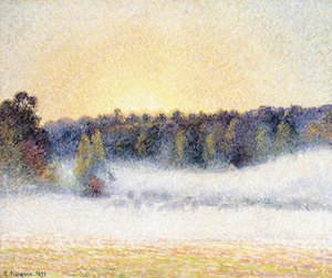 Solnedgang og tåke ved Eragny, 1891 av Camille Jacob Pissarro