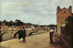 Chemin de lEcluse og Pontoise-broen, 1867 (olje på lerret montert på panel) av Camille Jacob Pissarro