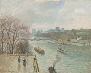 Louvre, ettermiddag, regnvær, 1900 av Camille Jacob Pissarro