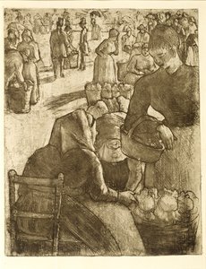 Grønnsaksmarkedet i Pontoise, 1891 (mykmalt etsing og akvatint) av Camille Jacob Pissarro