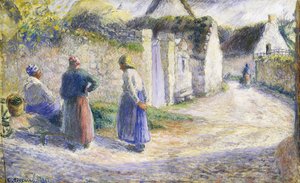 Landsbygate med tre personer til høyre av Camille Jacob Pissarro