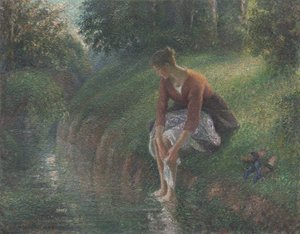 Kvinne som bader føttene i en bekk, 1894-95 av Camille Jacob Pissarro