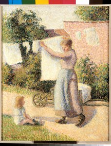 Kvinne som strekker lin Maleri av Camille Pissarro (1830-1903) 1887. Dim. 0,41 x 0,32 m Paris, musee d