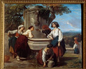 Ossaloises ved fontenen Bønder fra Ossaudalen møtes for å diskutere ved fontenen. Maleri av Camille Roqueplan (1803-1855)