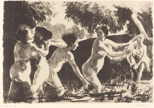 Badende bryting (Baigneuses luttants) av Camille Pissarro