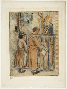 Tiggerkvinner, ca. 1894 (fargetsning, tørrnål og akvatint på elfenbenspapir) av Camille Pissarro
