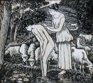 Chloë vasker Daphnis ved en bekk, komposisjonsstudie for en illustrasjon, c1895 av Camille Pissarro