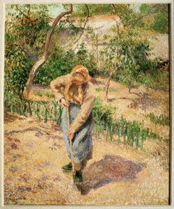 Bondekvinne som graver i frukthage (olje på lerret) av Camille Pissarro