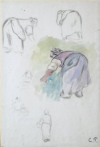 Studieark: fire studier av en kvinnelig bonde som bøyer seg, og to studier av en kvinne som holder en bas av Camille Pissarro