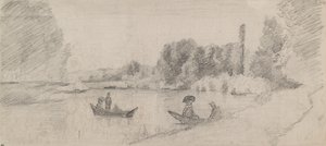 Studie av et elvelandskap med båter, 1863-1864 av Camille Pissarro